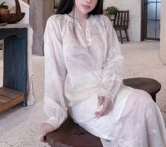 SKY8382-Set tơ thêu họa tiết nơ, áo cổ V+CV dài Kem CC