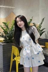 TQ4302-Set áo tay phồng +quần short thêu hoa Trắng