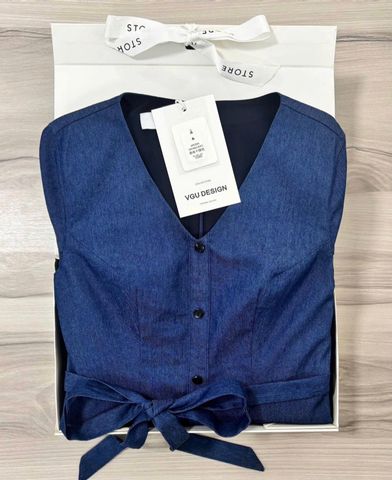VGU0371-Đầm jean dài cổ V phối nút Xanh