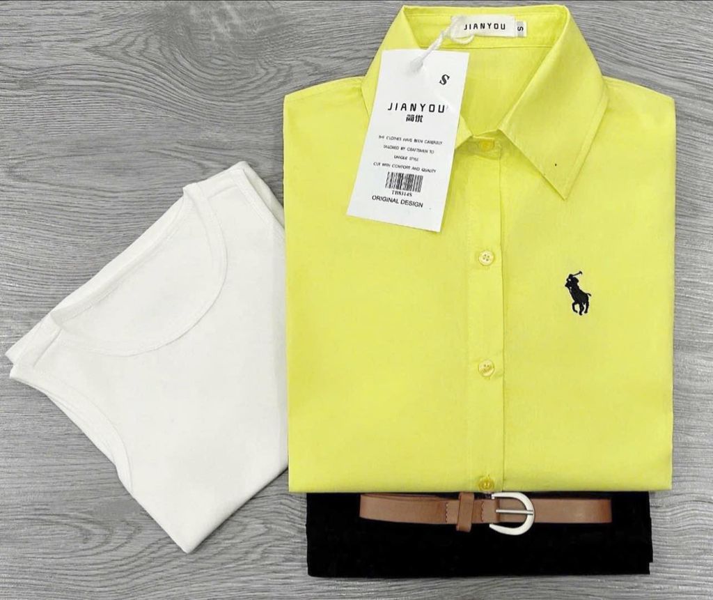 TB8314-Set áo sơ mi Vàng thêu ngựa+áo thun 3lỗ+quần short Đen +nịt