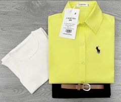 TB8314-Set áo sơ mi Vàng thêu ngựa+áo thun 3lỗ+quần short Đen +nịt