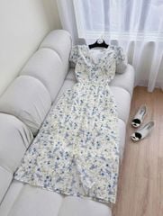 TQ4305-Đầm hoa cổ V đính nút bọc nhúng ngực