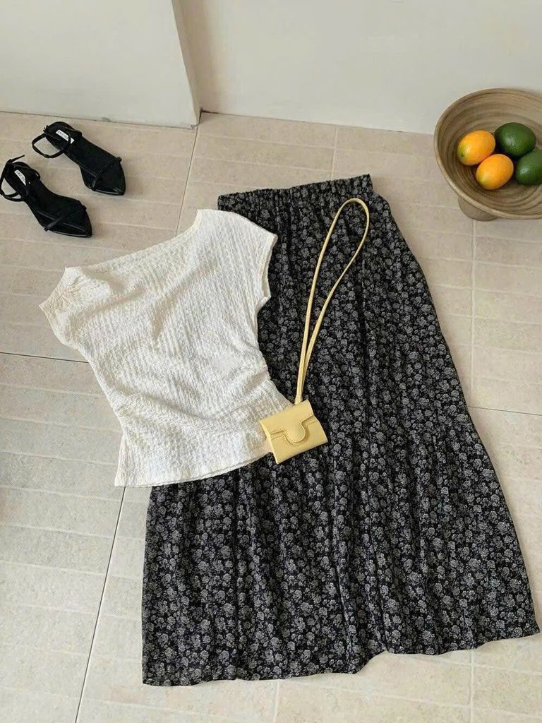 VRA0631-Set áo nhúng eo, CV hoa Đen