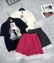 SKY8399-Set áo thun đen in cún, quần short caro phối ren Hồng