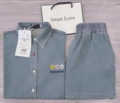 TB8376-Set jean, áo sơ mi thêu mặt cười+quần short Xanh Nhạt
