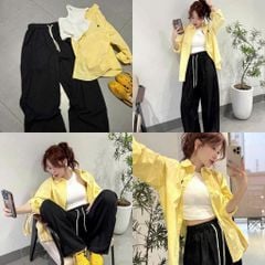 TQ4318-Set áo sơ mi vàng thêu ngựa, áo thun 3 lỗ , quần dài Đen