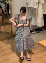 TQ4313-Đầm suông đuôi cá caro nhí Đen