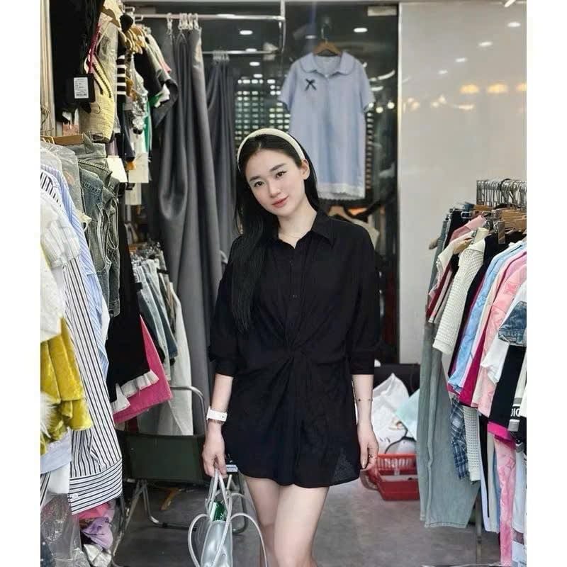 KS0841-Áo sơ mi kiểu xoắn eo Đen (lẻ)