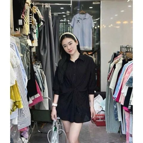 KS0841-Áo sơ mi kiểu xoắn eo Đen (lẻ)