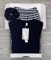 KS0824-Set áo thun body in tim, CV dài caro Đen + cột tóc (full đen)