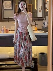 VGU0403-Set áo thun nhúng eo, CV hoa dài