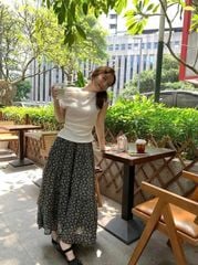 VRA0631-Set áo nhúng eo, CV hoa Đen