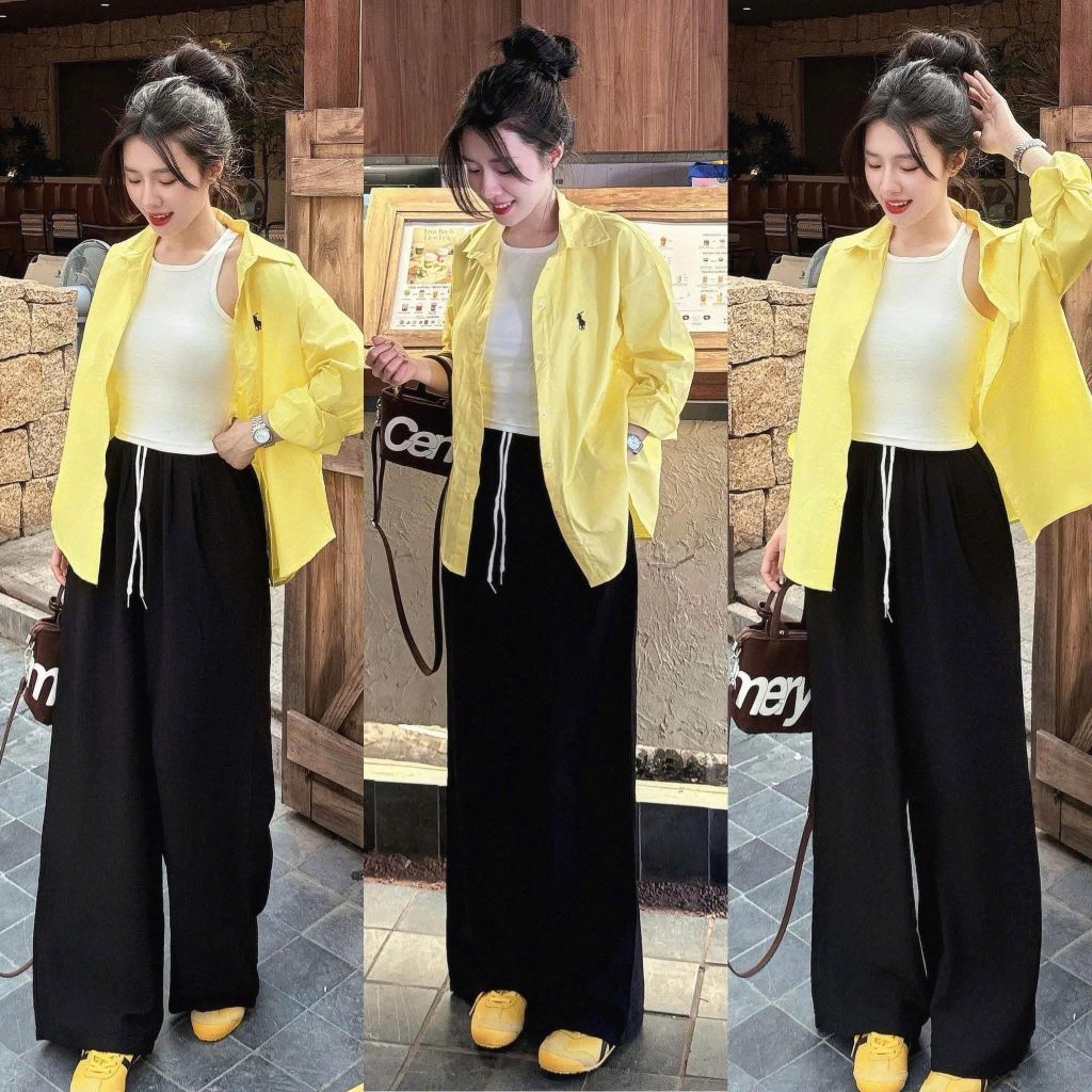 TQ4318-Set áo sơ mi vàng thêu ngựa, áo thun 3 lỗ , quần dài Đen