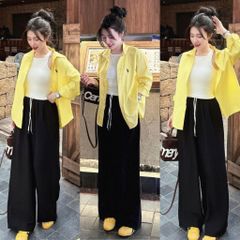 TQ4318-Set áo sơ mi vàng thêu ngựa, áo thun 3 lỗ , quần dài Đen