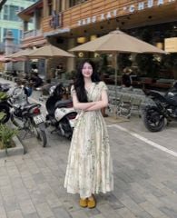 TB5738-Đầm kate thêu cổ V đính nút bọc