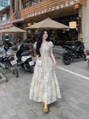 TB5738-Đầm kate thêu cổ V đính nút bọc