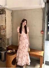 VRA0635-Đầm hoa cổ V thêu chỉ nhũ Hồng