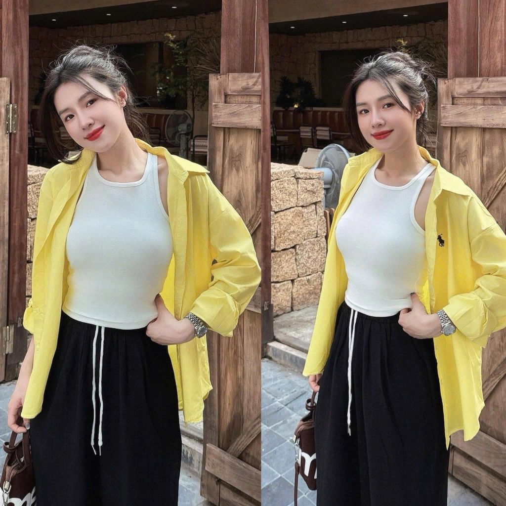 TQ4318-Set áo sơ mi vàng thêu ngựa, áo thun 3 lỗ , quần dài Đen
