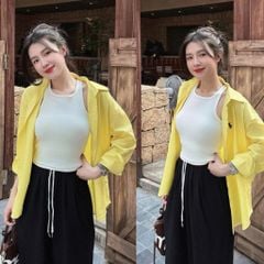 TQ4318-Set áo sơ mi vàng thêu ngựa, áo thun 3 lỗ , quần dài Đen