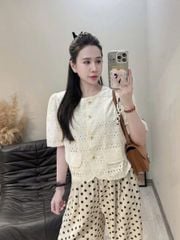 SKY8405-Set áo xô thêu phối nắp túi, quần chấm bi Kem