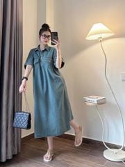 TB8161-Đầm Jean suông cổ sơ mi phối túi CC