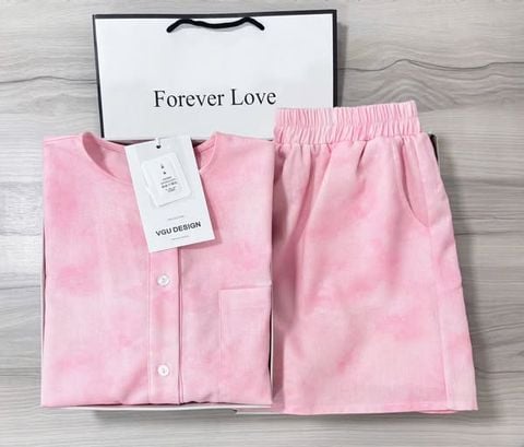 VGU0047-Set linen loang áo tay lỡ, quần short Hồng