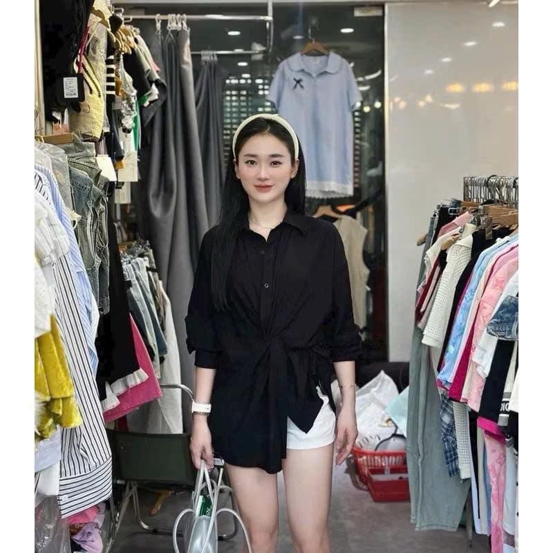 KS0841-Áo sơ mi kiểu xoắn eo Đen (lẻ)