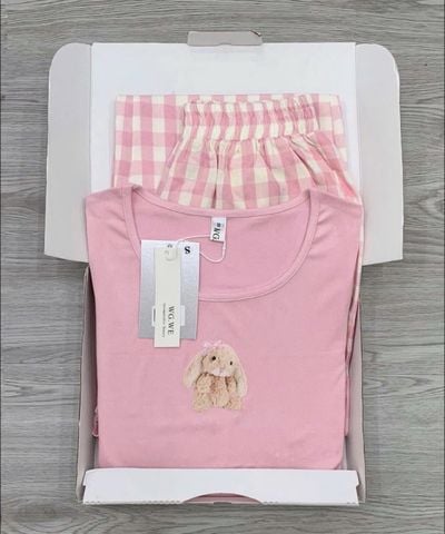 KS0827-Set áo thun in hình, quần caro Hồng (Full hồng)