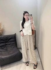 SKY8405-Set áo xô thêu phối nắp túi, quần chấm bi Kem