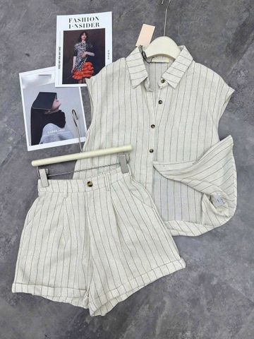 TB8432-Set linen sọc, áo sơ mi tay con+quần short Kem