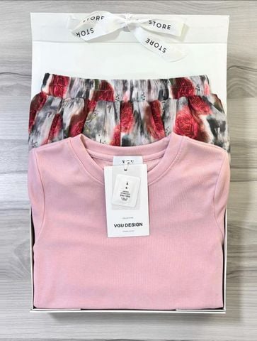 VGU0403-Set áo thun nhúng eo, CV hoa dài