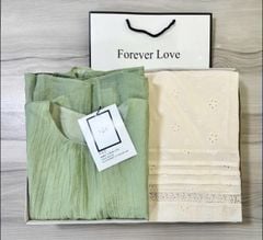 VGU0407-Set áo tơ babydoll xanh, quần suông thêu hoa lỗ CC Kem