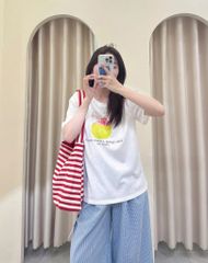 TQ4332-Set áo thun trắng in hình, quần dài caro xanh