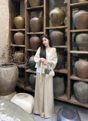 KS0863-Set áo linen +khăn choàng kem, quần lụa màu Da
