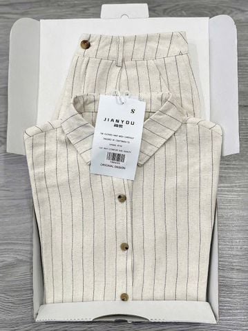TB8432-Set linen sọc, áo sơ mi tay con+quần short Kem