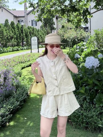 VGU0401-Set áo sát nách + quần short phối viền ren Xanh Đen