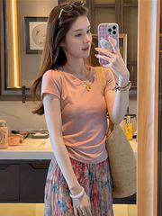 VGU0403-Set áo thun nhúng eo, CV hoa dài