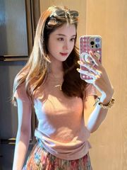 VGU0403-Set áo thun nhúng eo, CV hoa dài