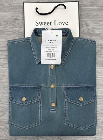 TB8161-Đầm Jean suông cổ sơ mi phối túi CC