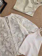 VGU0465-Set áo tơ thêu hoa cột nơ, áo 2 dây,quần short Kem