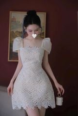 VGU0408-Đầm ren hoa vai kết ngọc phối tay CC Kem