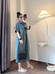 TB8161-Đầm Jean suông cổ sơ mi phối túi CC