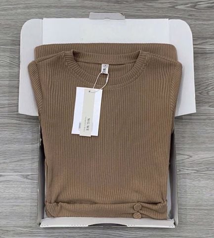 KS0837-Đầm thun body nhúng eo đính nút bọc Nâu