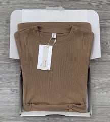 KS0837-Đầm thun body nhúng eo đính nút bọc Nâu