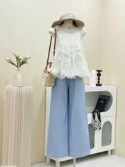 VGU0450-Set áo bí đính nơ cột dây vai, quần suông Xanh