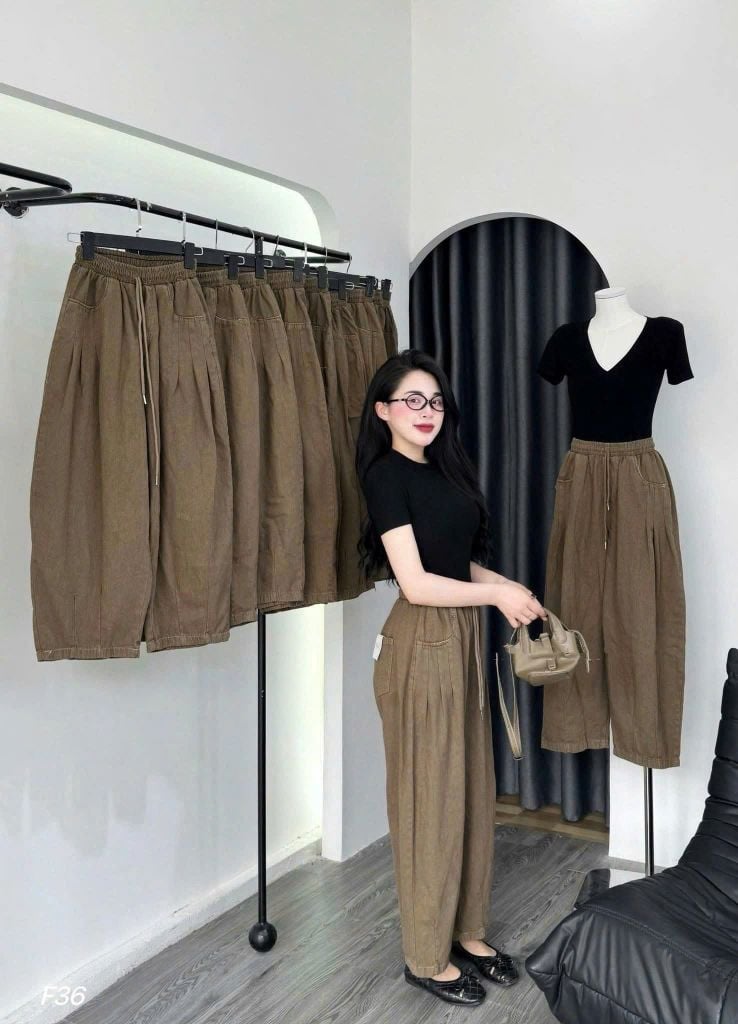 VRA0640-Set basic, áo thun đen+quần dài Nâu