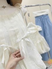 VGU0450-Set áo bí đính nơ cột dây vai, quần suông Xanh