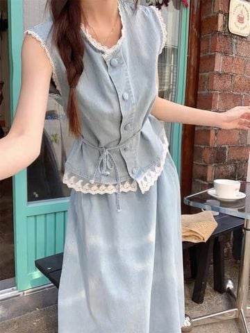 VGU0436 - SET ÁO PHỐI VIỀN REN + CHÂN VÁY DÀI- KÈM DÂY CỘT EO