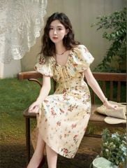 VRA0641-Đầm hoa tay phồng Kem