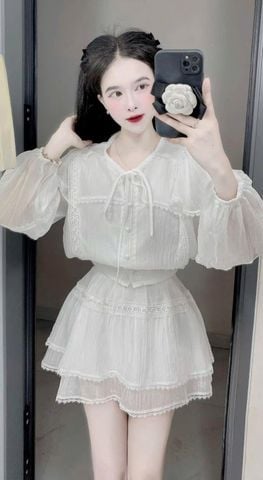 VGU0451-Set áo tay dài+CV ngắn phối ren Kem